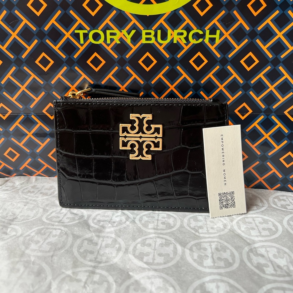 Tory Burch Britten Embossed Zip Card Case Black Gold Croc